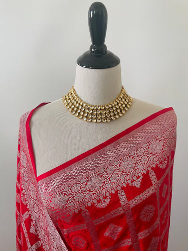 Mashru Silk Saree from Banaras | Red | Silver Zari | Handwoven | Ships from California